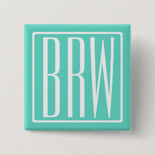 Kras Modern 3 Initiaal Monogram Wit Op Aqua Vierkante Button 5,1 Cm