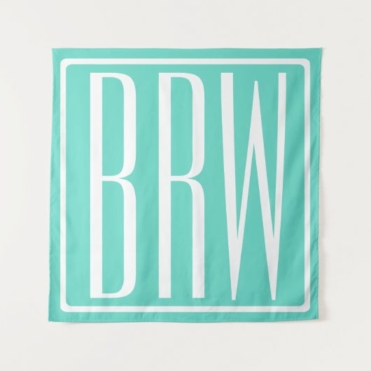 Kras Modern 3 Initiaal Monogram | Wit Op Aqua Wandkleed (Voorkant)
