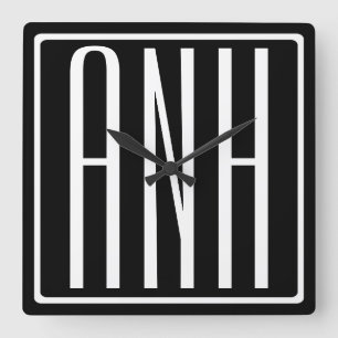 Kras Modern 3 Initiaal Monogram   Wit Op Zwart Vierkante Klok