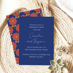 Kras script blauw rood bloemmotief verlovingsfeest kaart