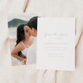 Kras script poederblauw elegante trouw save the date