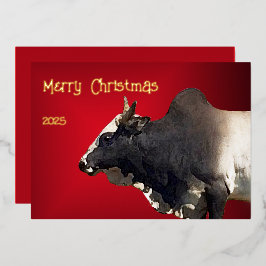 Krasrode Brahma-stier Rundvee Boer Kerstmis Folie Feestdagenkaart