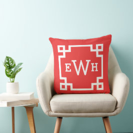 Krasrode Griekse Sleutel Monogram Initiaal Kussen