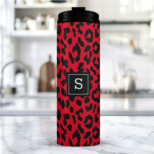 Krasrode Luipaard Dierenprint Monogram Thermosbeker
