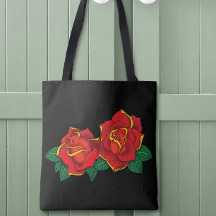 Krass-rode traditionele rozen tattoo zwart tote bag
