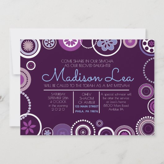 KRAZY POLKA DOT Bat Mitzvah Invitation Paars Kaart (Voorkant)