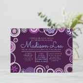 KRAZY POLKA DOT Bat Mitzvah Invitation Paars Kaart (Staand voorkant)