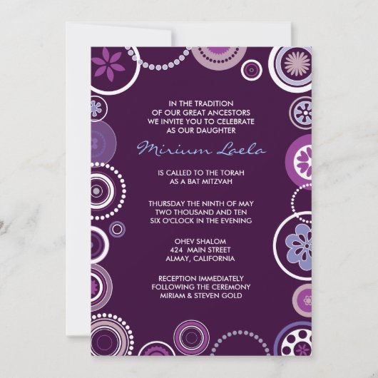 KRAZY POLKA DOT Bat Mitzvah Invitation Paars Kaart (Voorkant)