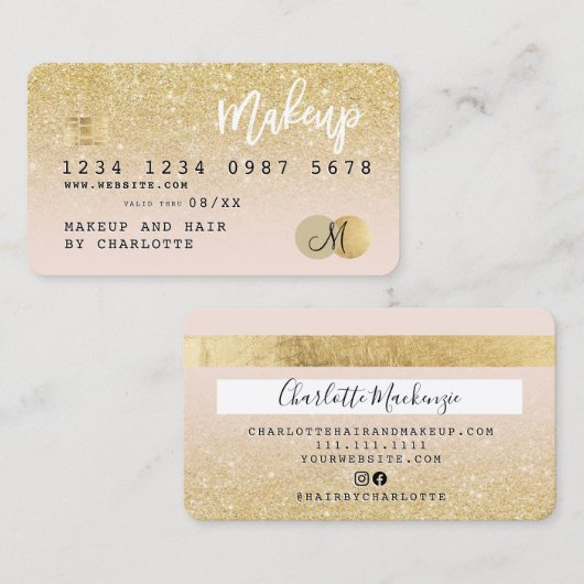 Kredietkaart goud glitter blush roze giro monogram visitekaartje (Voorkant / Achterkant)