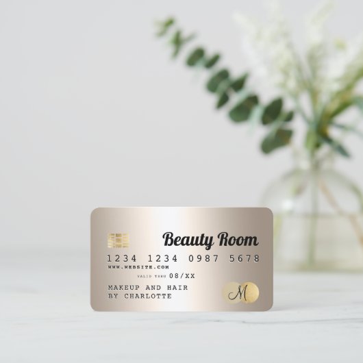 Kredietkaart goud metalen schoonheidsmonogram visitekaartje (Staand voorkant)