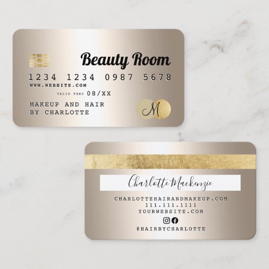 Kredietkaart goud metalen schoonheidsmonogram visitekaartje (Voorkant / Achterkant)