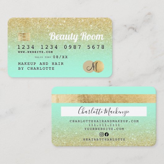 Kredietkaart goudglitter schoonheidsminmonogram visitekaartje (Voorkant / Achterkant)
