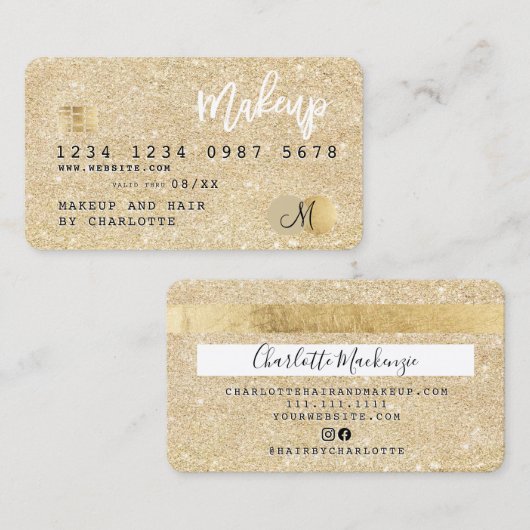 Kredietkaart goudglitterhaar make-up monogram visitekaartje (Voorkant / Achterkant)
