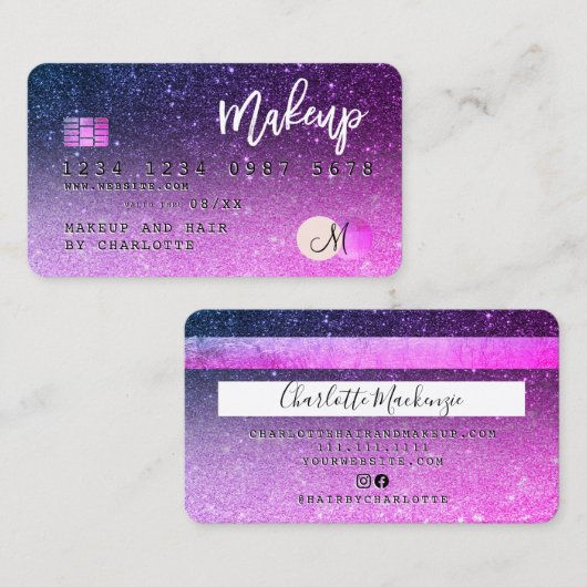 Kredietkaart paars roze glitter-haarmonogram visitekaartje (Voorkant / Achterkant)
