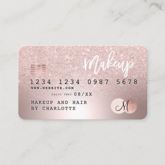 Kredietkaart roos goud metaalglitter haarnaam visitekaartje (Voorkant)