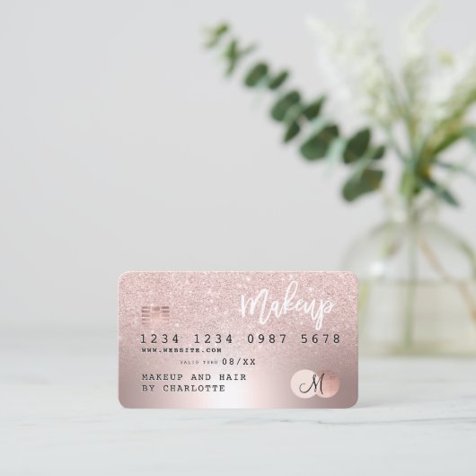Kredietkaart roos goud metaalglitter haarnaam visitekaartje (Staand voorkant)