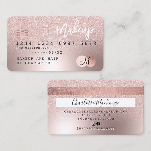 Kredietkaart roos goud metaalglitter haarnaam visitekaartje (Voorkant / Achterkant)