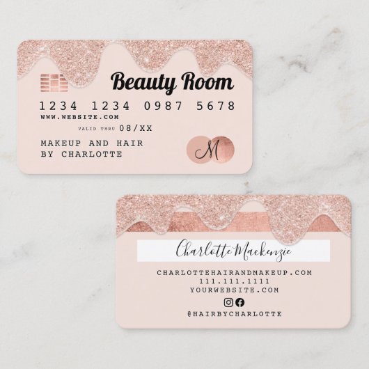 Kredietkaart roos goudglitter druppelt schitterend visitekaartje (Voorkant / Achterkant)