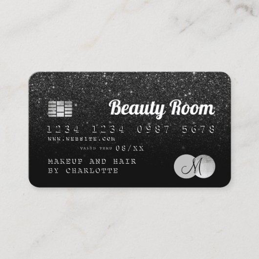 Kredietkaart schoonheid zwart glitter monogram visitekaartje (Voorkant)