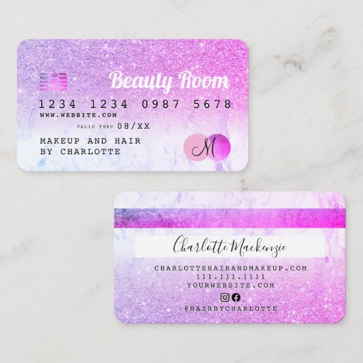 Kredietkaart schoonheidsroze glitter marmer monogr visitekaartje (Voorkant / Achterkant)