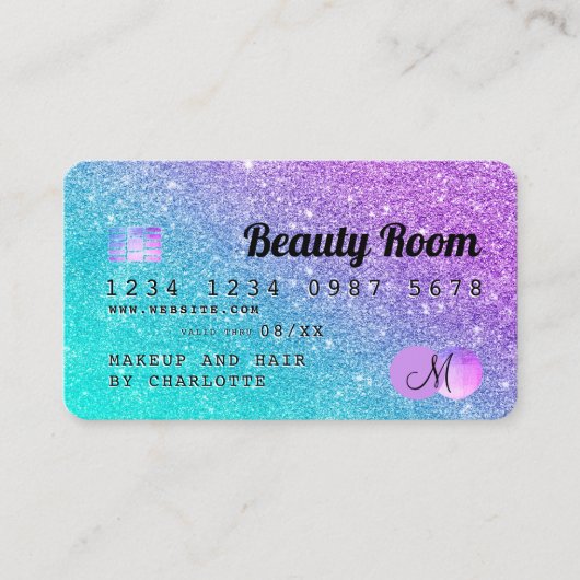 Kredietkaart: schoonheidszeemeermin glitter monogr visitekaartje (Voorkant)