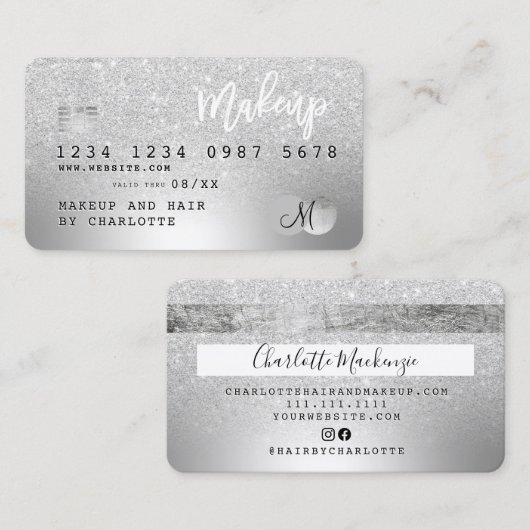 Kredietkaart zilver glitter-haarmonogram visitekaartje (Voorkant / Achterkant)