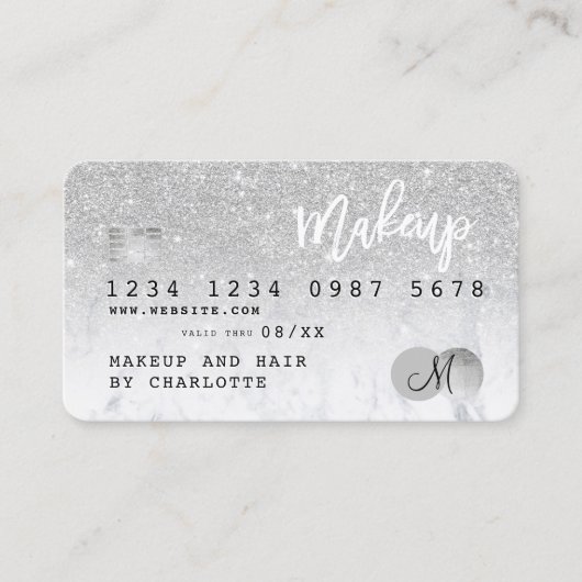 Kredietkaart zilverglitter marmer chic monogram visitekaartje (Voorkant)