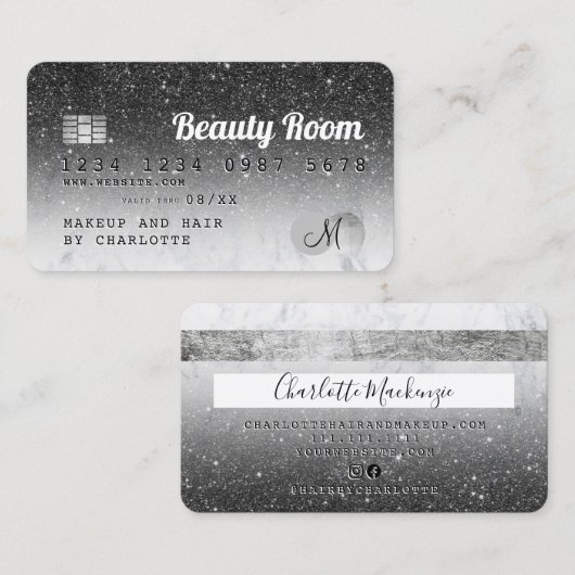 Kredietkaart zwart glitter marmer visitekaartje (Voorkant / Achterkant)