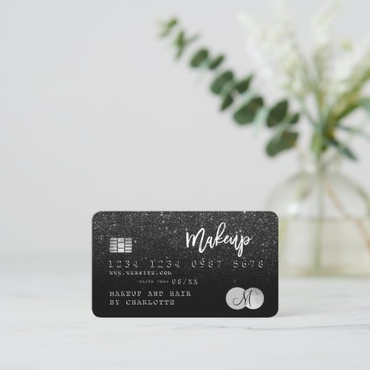 Kredietkaarthaar make-up zwart glitter monogram visitekaartje (Staand voorkant)