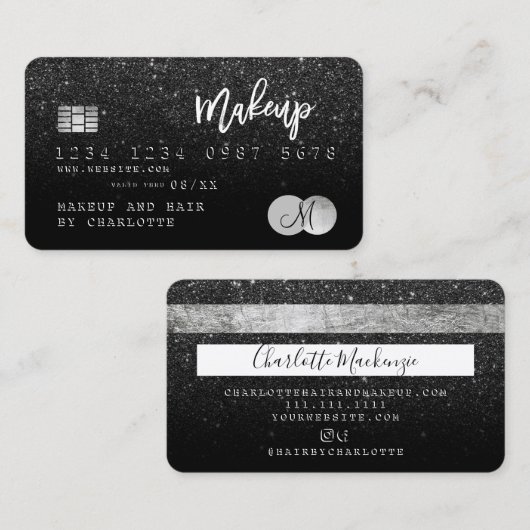 Kredietkaarthaar make-up zwart glitter monogram visitekaartje (Voorkant / Achterkant)