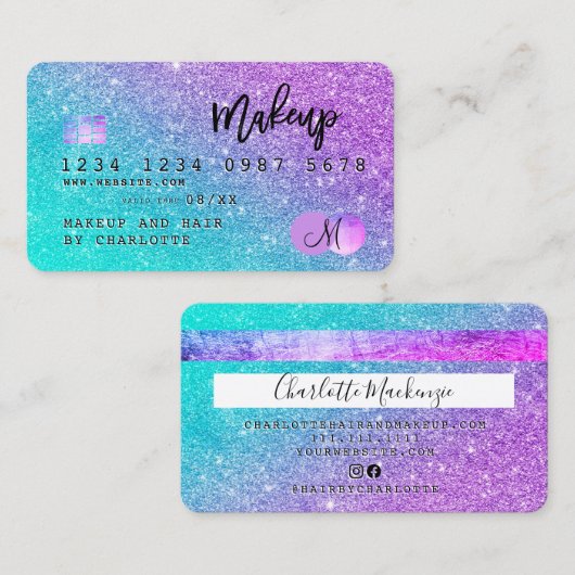 Kredietkaarthaarmake-up zeemeerminnend glitter-mon visitekaartje (Voorkant / Achterkant)
