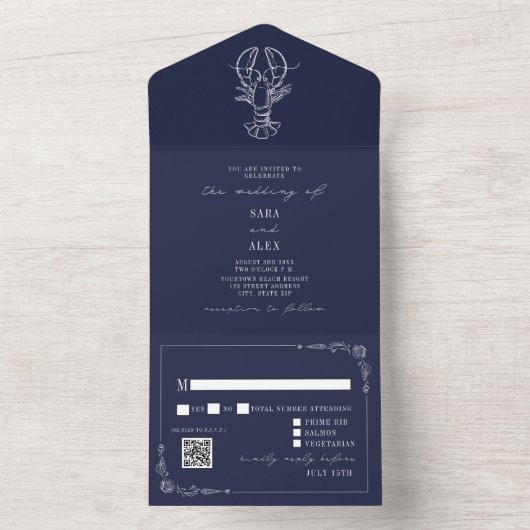 kreeft blauw QR RSVP Boerderij bruiloft All In One Uitnodiging (Binnen)