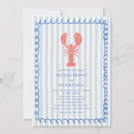 Kreeft Blauwe Streep Nautische bruiloft Kaart (Voorkant)
