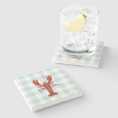 Kreeft Blue Gingham Check Coastal Stenen Onderzetter (Zijkant)