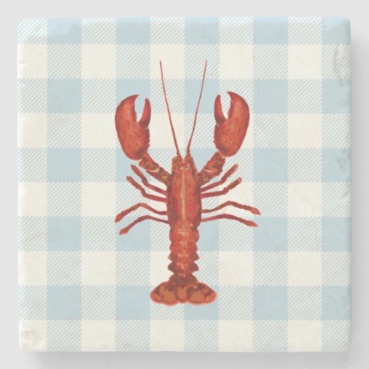 Kreeft Blue Gingham Check Coastal Stenen Onderzetter (Voorkant)