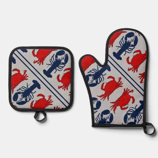 Kreeft en krabben Schaaldieren Zeevruchten Ovenwant & Pannenlap Set (Voorkant)