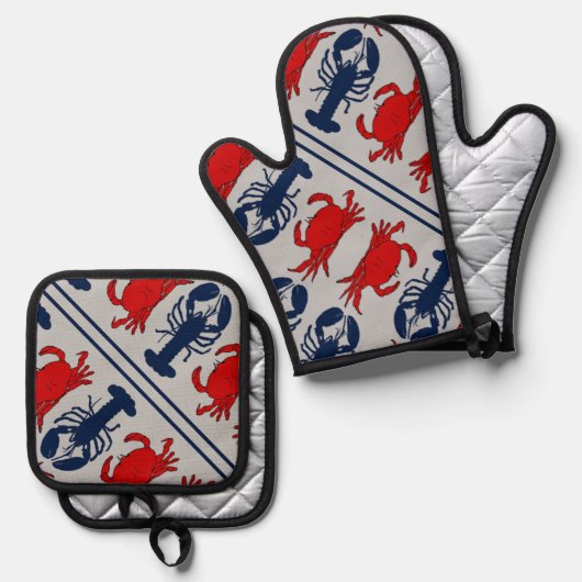 Kreeft en krabben Schaaldieren Zeevruchten Ovenwant & Pannenlap Set (Voorkant / Achterkant)