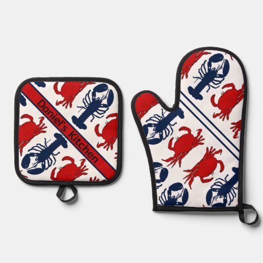 Kreeft en krabben Schaaldieren Zeevruchten Ovenwant & Pannenlap Set (Voorkant)