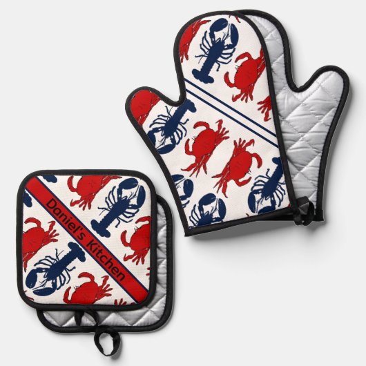 Kreeft en krabben Schaaldieren Zeevruchten Ovenwant & Pannenlap Set (Voorkant / Achterkant)