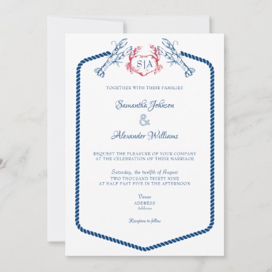 Kreeft Nautisch Monogram Script Marine Wedding Kaart (Voorkant)