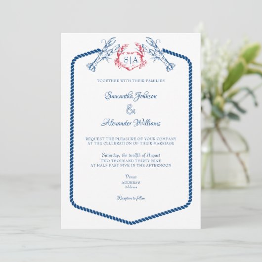 Kreeft Nautisch Monogram Script Marine Wedding Kaart (Staand voorkant)