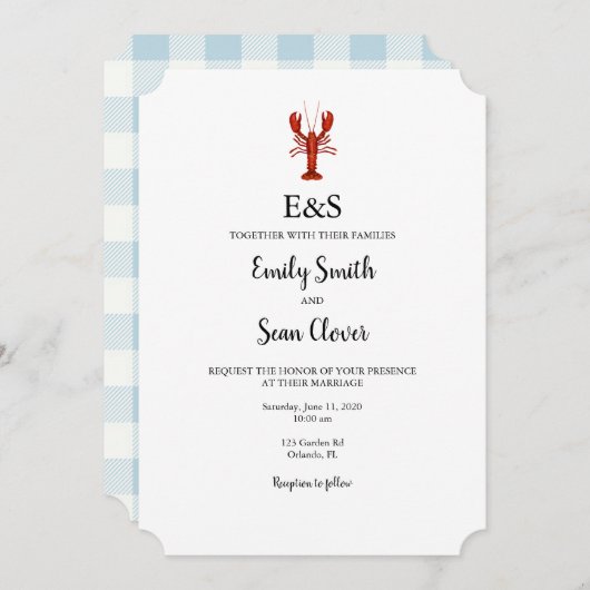 Kreeft nautische bruiloft monogram blauw gingham kaart (Voorkant / Achterkant)