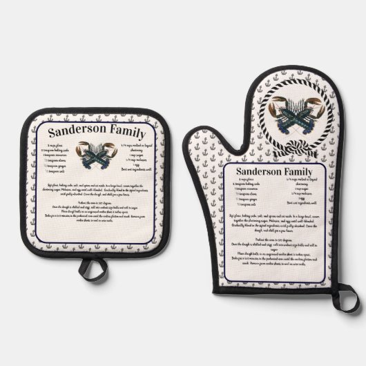 Kreeft Nautische Recept Sjabloon Ankerpatroon Ovenwant & Pannenlap Set (Voorkant)