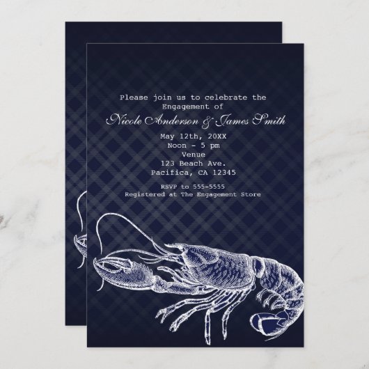  kreeft Navy Blue Elegant Invitations Kaart (Voorkant / Achterkant)
