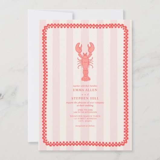 Kreeft Roze Streep Checkerboard Nautische Huwelijk Kaart (Voorkant)
