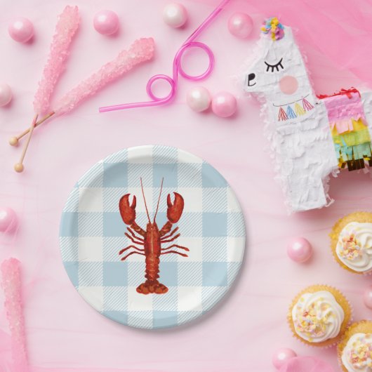 Kreeft schilderij Nautisch Blauw Gingham Kust Papieren Bordje (Feest)