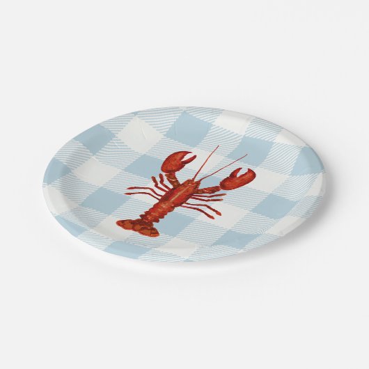 Kreeft schilderij Nautisch Blauw Gingham Kust Papieren Bordje (Gekanteld)