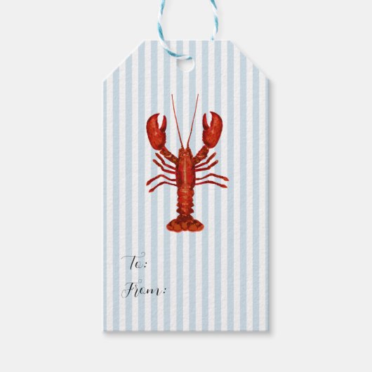 Kreeft schilderij nautisch blauw streep kust cadeaulabel (Voorkant)