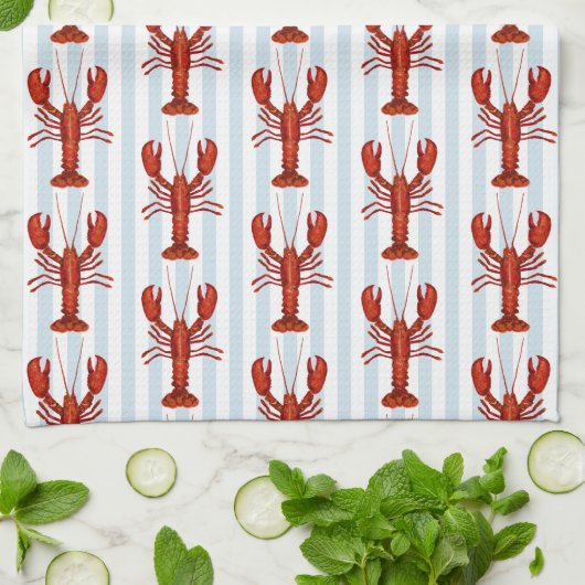Kreeft schilderij nautisch blauw streep kust theedoek (Gevouwen)