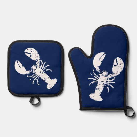 Kreeft Zeevruchten Marine Blauw en Wit Elegant Ovenwant & Pannenlap Set (Voorkant)